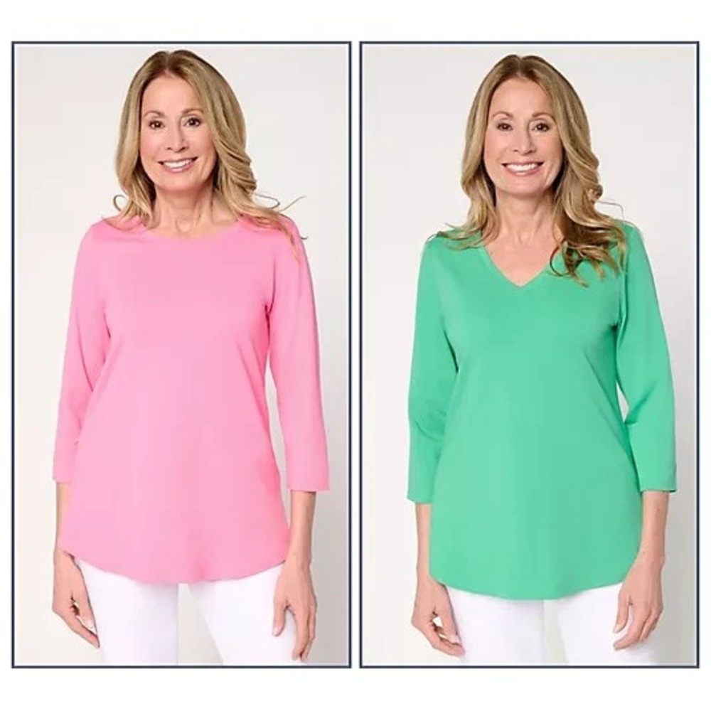 Belle by Kim Gravel TripleLuxe Knit Set of 2 3/4 Sleeve Tops Preppy, Medium
